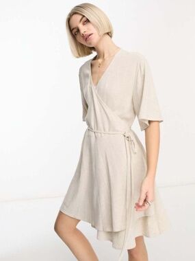 WEEKDAY LINEN MIX MINI WRAP DRESS